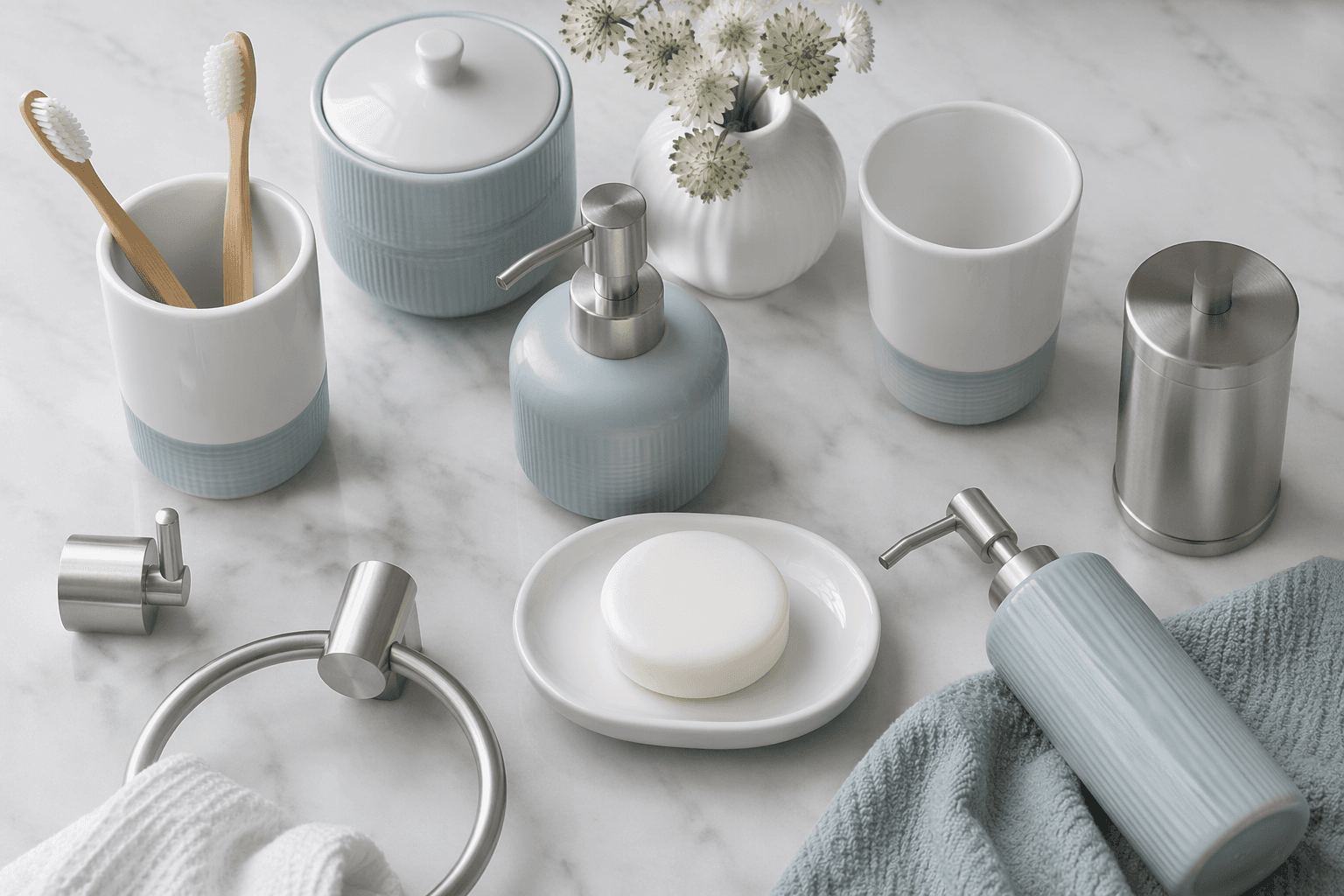 Brushed metal and porcelain bathroom accessories