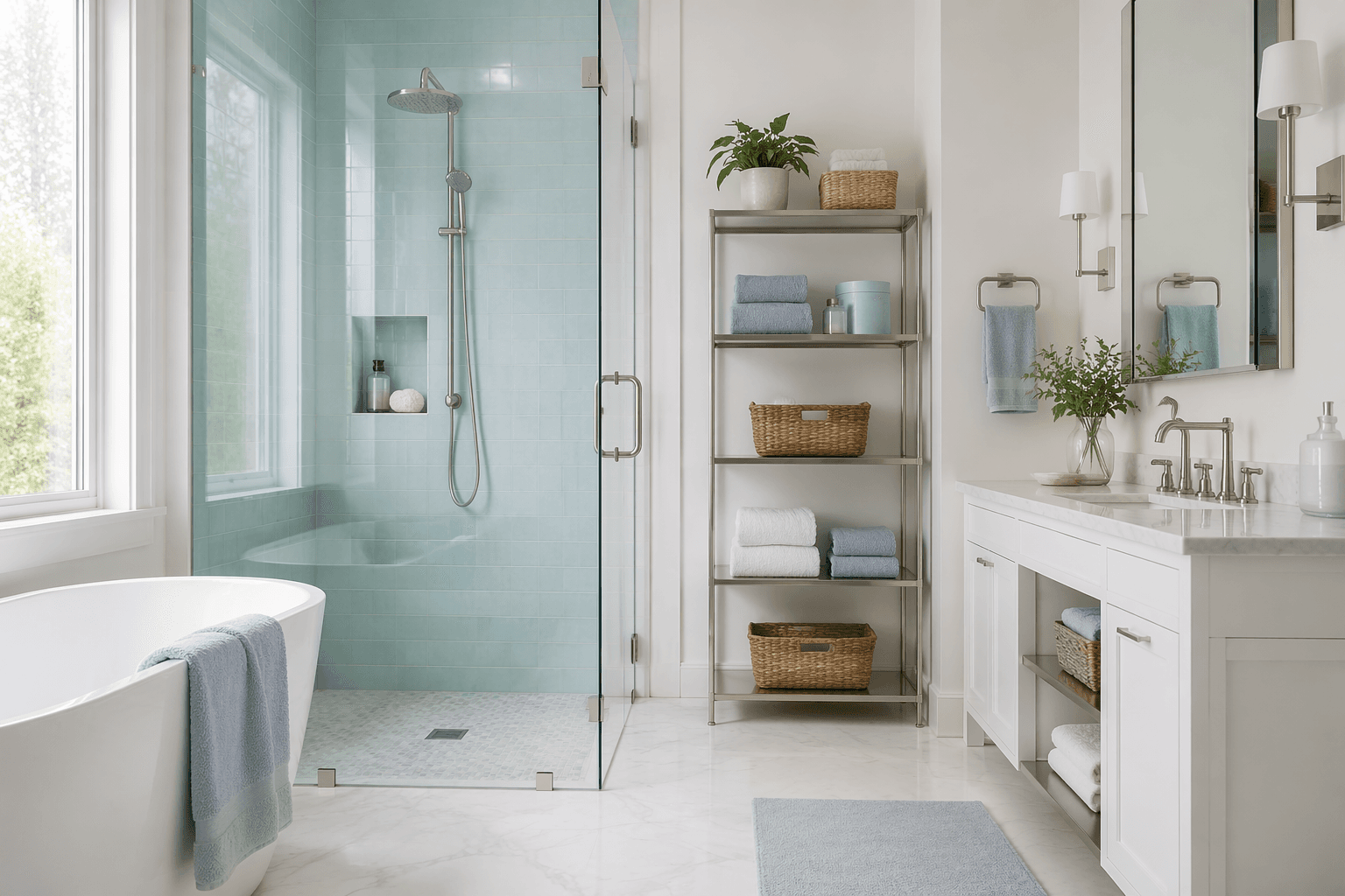 A bright, organized bathroom with a glass shower partition and folded towels